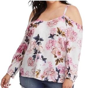 Torrid Floral Chiffon Cold Shoulder Longsleeve Blouse Pink Floral Size 1X